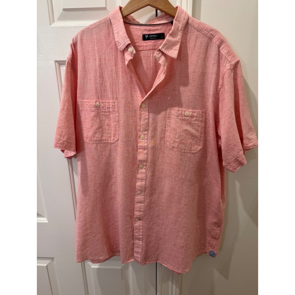 Cremieux Collection Mens XXL Short‎ Sleeve Button Down Shirt Coral Pink Linen